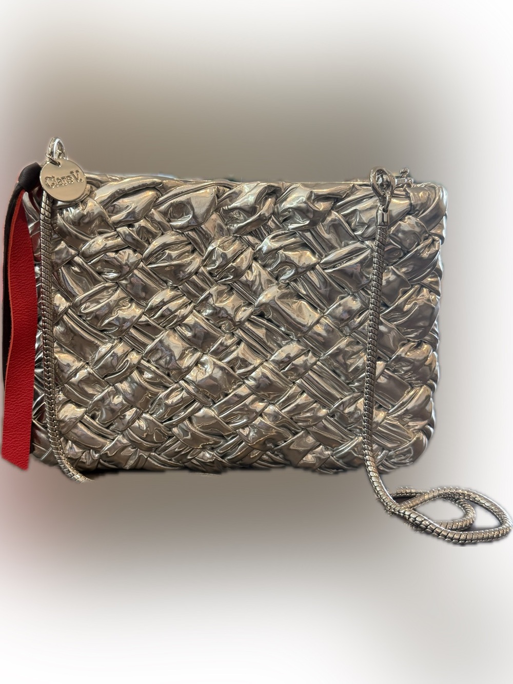 Clare V. Estelle Woven Metallic Silver Crossbody Bag with Chain Strap - Picture 2 of 4